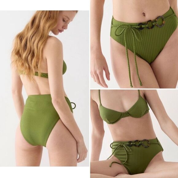 J Crew Wide Rib High Rise Belt Detail Canteen Green Bikini Bottom Sz S NWT - Picture 16 of 16